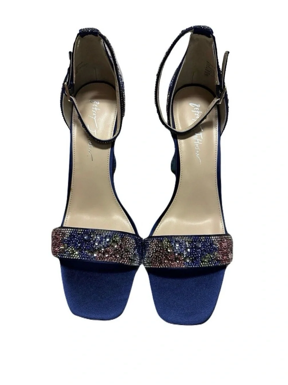 Betsey Johnson Navy Satin Multi-Crystal Ankle Strap Block Heel